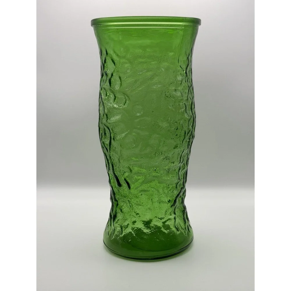Vintage Art Glass Vase‎ Green Lido Crinkle Tall Textured MCM 9.5